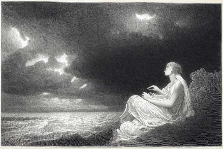 Image similar to black and white, young french woman sits near storm ocean, illuminated by a beam of light through detailed clouds, Gustave Dore lithography