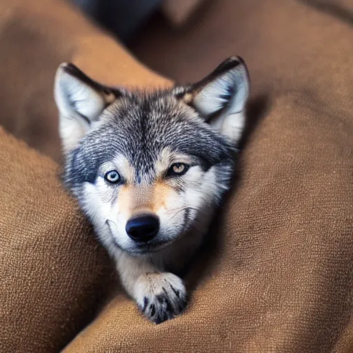 Image similar to photo of a tiny pet timber wolf sticking out of a pocket