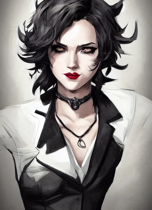 Image similar to a highly detailed illustration of beautiful short black messy haired woman wearing eyepatch!!! and noir style suit and tie, dramatic smiling pose, intricate, elegant, highly detailed, centered, digital painting, artstation, concept art, smooth, sharp focus, league of legends concept art, WLOP