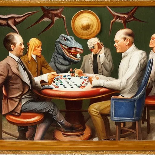 Prompt: dinosaurs playing poker, Painting by Cassius Marcellus Coolidge, Brown & Bigelow