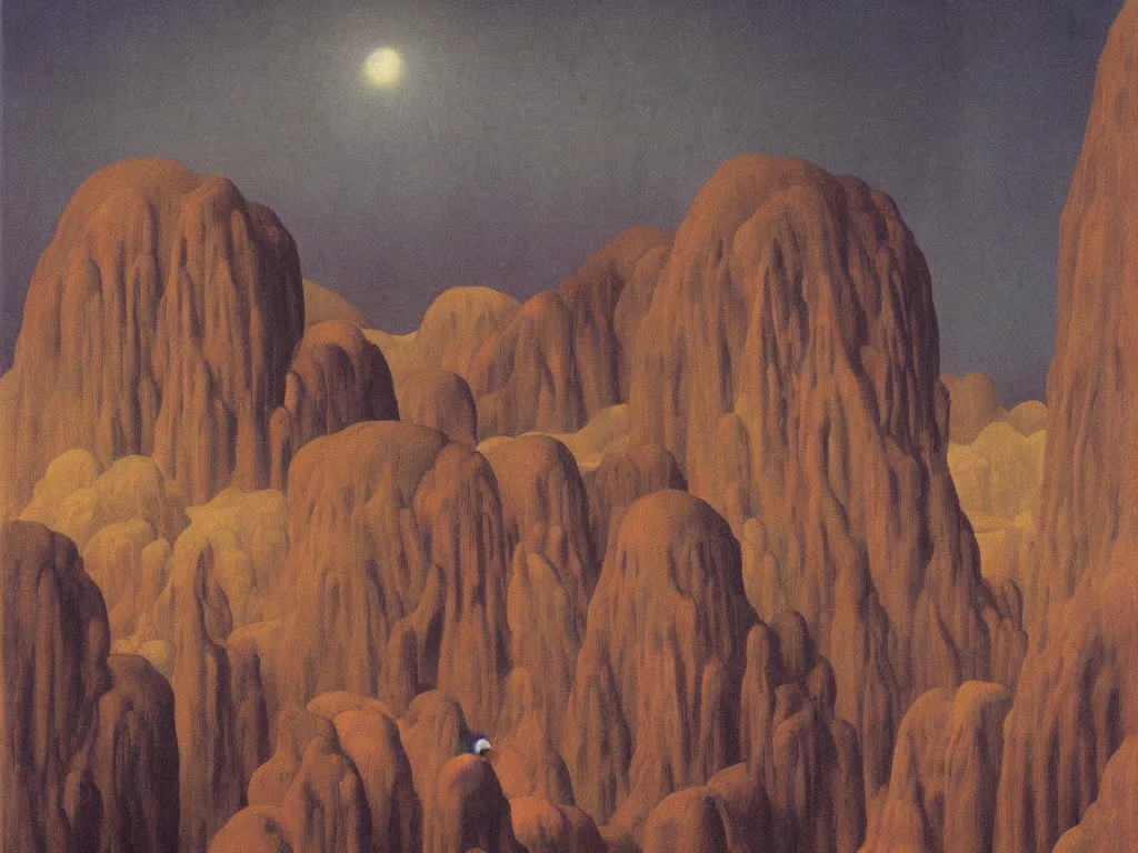 Prompt: Aurora night, sweaty mountain, the antler people, giant raindorps, African mask, acid rains. The sacred nipple, Fata morgana above the oasis. The cave of caving in to carnal desires. Painting by Rene Magritte, Jean Delville, Max Ernst, Maria Sybilla Merian