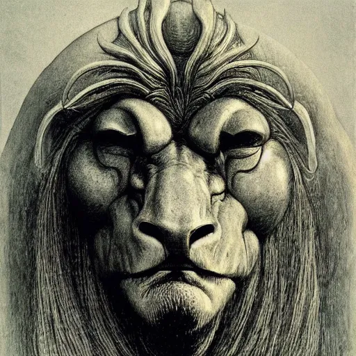 Image similar to creature with with four faces : eagle, bull, man, lion. drawn by zdzislaw beksinski