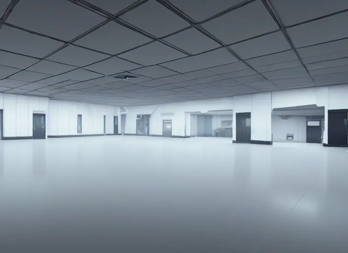 Image similar to cctv footage of a large white empty breakroom, retrofuturist liminal space, familiar place, clean, black mold, amateur, unreal engine, photorealistic, trending on artstation