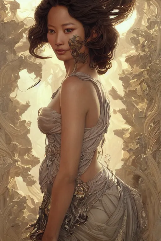 Image similar to ultra realistic illustration, a stunningly beautiful greek goddess of chaos played by jamie chung, intricate, elegant, highly detailed, digital painting, artstation, concept art, smooth, sharp focus, illustration, art by artgerm and greg rutkowski and alphonse mucha