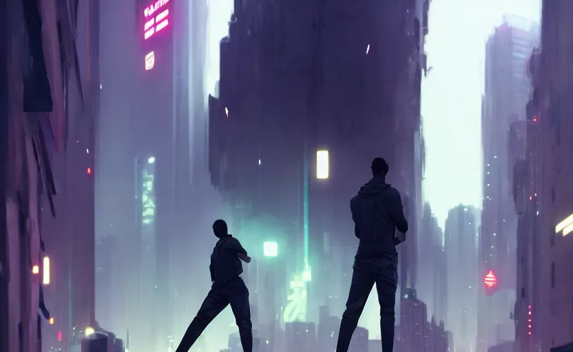 Prompt: single handsome black genius infiltrating the metaverse wearing jordans, urban atmosphere, glowing lights, highly detailed, digital painting, artstation, concept art, smooth, sharp focus, illustration, art by wlop, mars ravelo and greg rutkowski