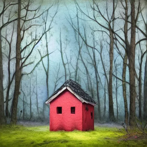 Prompt: small wooden house in the middle of spring forest, bright colours, watercolor, volumetric wool felting, macro photography, children illustration, by lee madgwick