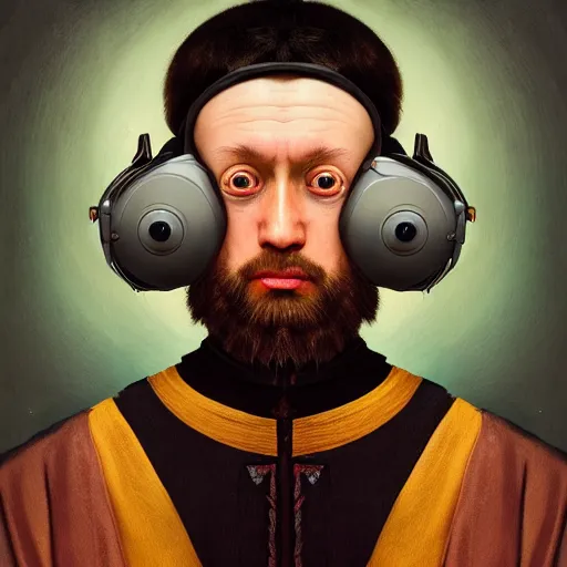 Image similar to Colour Caravaggio and Leonardo da Vinci style full body portrait Photography of Highly detailed Man wearing Ukrainian folk costume with perfect face wearing highly detailed retrofuturistic VR headset designed by Josan Gonzalez. Many details In style of Josan Gonzalez and Mike Winkelmann and andgreg rutkowski and alphonse muchaand and Caspar David Friedrich and Stephen Hickman and James Gurney and Hiromasa Ogura. Rendered in Blender and Octane Render volumetric natural light