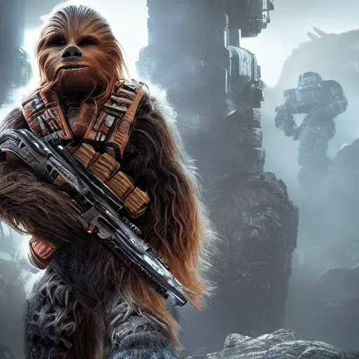 Image similar to chewbacca in gears of war, splash art, movie still, detailed face, photorealistic facial features, cinematic lighting, dramatic, octane render, long lens, shallow depth of field, bokeh, anamorphic lens flare, 8 k, hyper detailed, 3 5 mm film grain