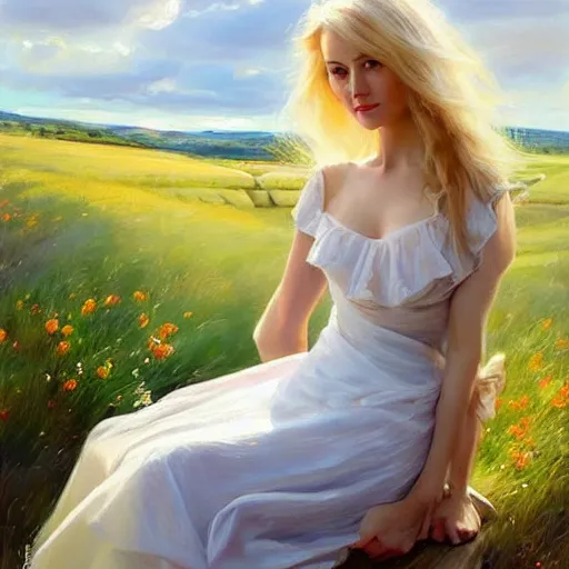 Image similar to mysterious blonde woman in hot dress in the swedish countryside, freedom, scenic, beautiful, masterpiece, highly detailed, painting by vladimir volegov