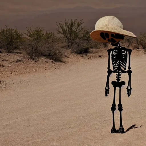 Prompt: skeleton standing in the desert, wearing a hat with a flower on it.