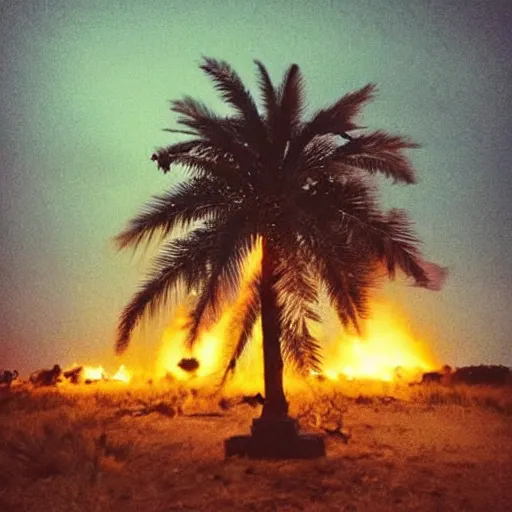 Image similar to “a single burning palm tree at night in a desolate graveyard 🪦 with fiery burning bright embers falling from the night sky. Photograph. Cursed image.”