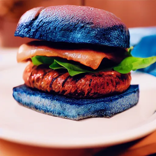 Prompt: photo of hamburger made of blue meat, food photography, cinestill, 800t, 35mm, full-HD