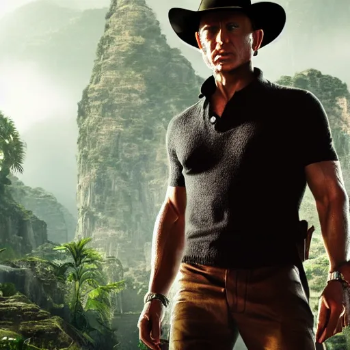 Prompt: daniel craig as indiana jones, octane render, unreal engine, jungle background,