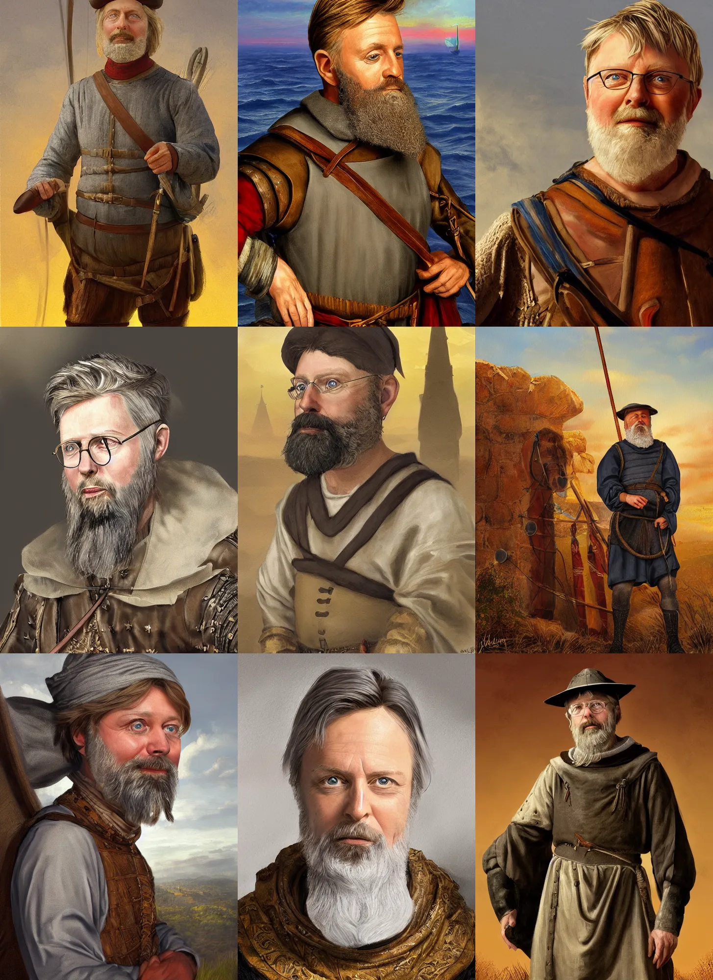 Prompt: a stunning painting of dave foley with a grey ponytail and short grey beard dressed as a medieval explorer, james gurney, digital art, golden hour