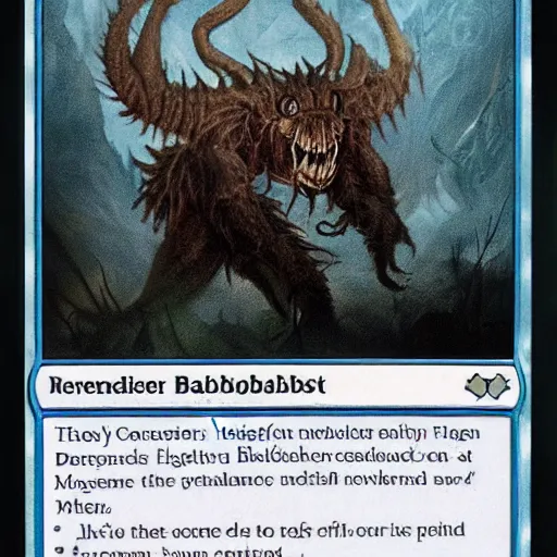 Prompt: very high resolution photo of a magic the gathering card called the bugblatter beast.