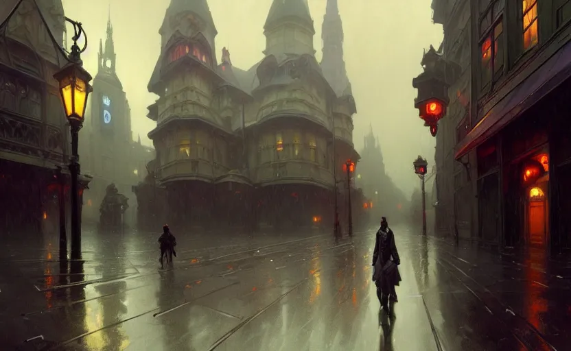 Prompt: an old victorian city with rainy atmosphere and moody and cinematic lighting by alphonse mucha, simon stalenhag and darek zabrocki, greg ruthkowski, craig mullins, cinematic and atmospheric, concept art, artstation, trending on artstation