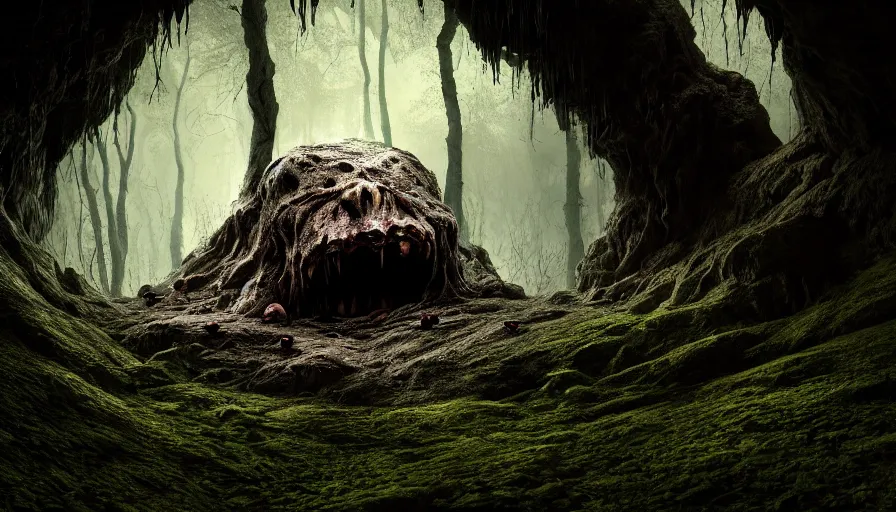 Prompt: cave in forest, full frontal view, a face peeking out of a dark cave, a extremely scary horror photograph of a fantasy creature made out of nature and fungus, intricate, hyperrealism, sharp focus, cinematography, highly detailed, octane render, horror cgi 4 k, matte, photograph by professional photographer