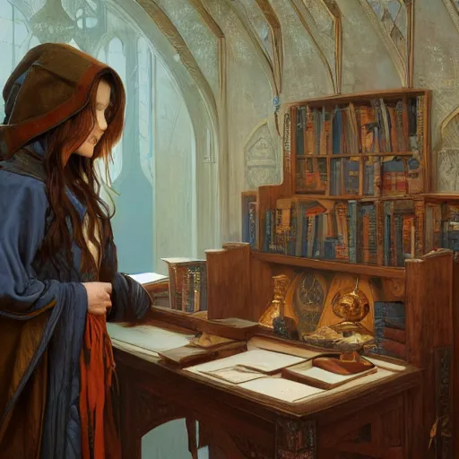 Prompt: a female wizard with brown hair wearing a blue hood and blue robe at a wooden desk with bookcases behind her, fantasy, highly detailed, digital painting, artstation, concept art, character art, art by greg rutkowski and tyler jacobson and alphonse mucha