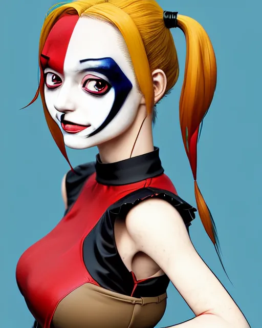 Image similar to portrait Anime as modern harley-quinn character girl cute-fine-face, brown-red-hair pretty face, realistic shaded Perfect face, fine details. Anime. hair-pigtails, clown black-red outfit realistic shaded lighting by Ilya Kuvshinov katsuhiro otomo ghost-in-the-shell, magali villeneuve, artgerm, rutkowski, WLOP Jeremy Lipkin and Giuseppe Dangelico Pino and Michael Garmash and Rob Rey