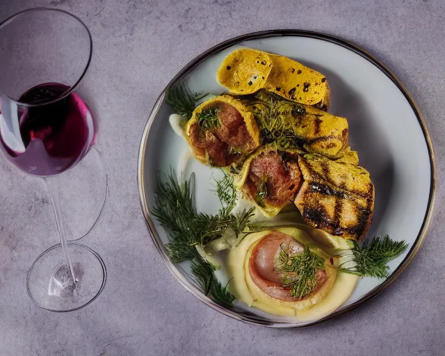 Prompt: 8 5 mm food photography of a plate of grilled car and mustard at a restaurant with dof and bokeh and wine glasses o