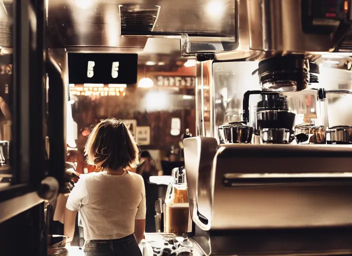 Image similar to a 2 8 mm macro photo from the back of a woman standing at the espresso machine in a cozy cafe, splash art, movie still, bokeh, canon 5 0 mm, cinematic lighting, dramatic, film, photography, golden hour, depth of field, award - winning, anamorphic lens flare, 8 k, hyper detailed, 3 5 mm film grain, hazy