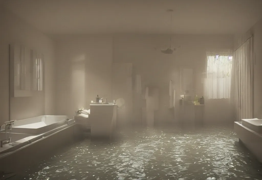 Image similar to kodak portra 4 0 0 photographic and realistic, interior of a bathroom, detailed, octane render, unreal engine, 4 k, artstation, hyper realistic, wide angle, floor flooded, how a river, objects that float, 3 5 mm, sharp focus, soft light, volumetric light fog, in the style of gregory crewdson