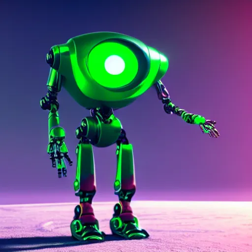 Image similar to an illustration of the full body of an alien robot with glowing green eyes in an unknown planet, hyperrealistic, octane render, 3D