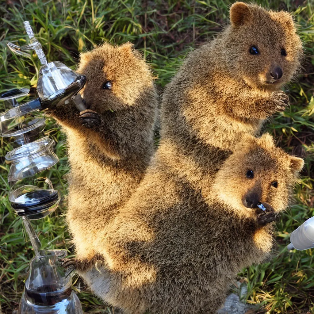 Image similar to happy quokka taking a smoking a bong and eating candy, golden hour, ultra realistic