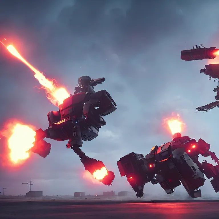 Prompt: Giant police mech fires rockets at helicopter, color, cinematic lighting, highly detailed, octane render