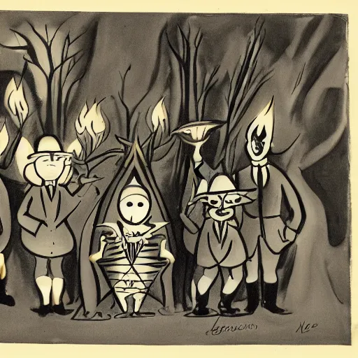 Prompt: group of cartoon characters standing in front of a fire, concept art by Lotte Reiniger, cg society, harlem renaissance, hellish background, lovecraftian, matte drawing