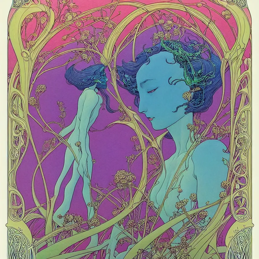 Image similar to ( ( ( ( beautiful strange forest and flowers surrounded by an art nouveau style decorative frame ) ) ) ) by mœbius!!!!!!!!!!!!!!!!!!!!!!!!!!!, overdetailed art, colorful, record jacket, no human