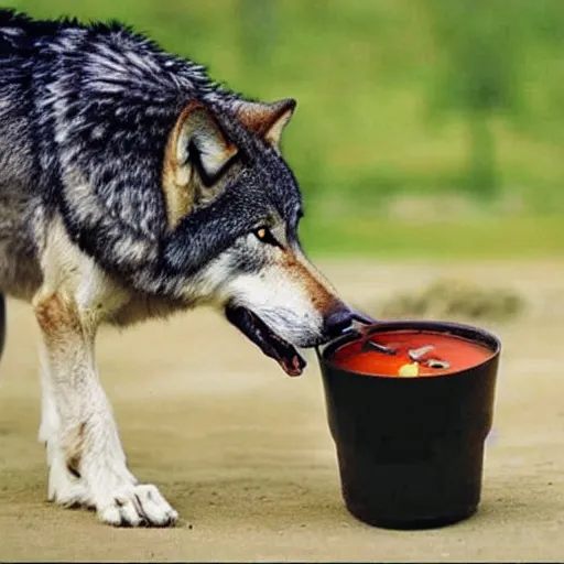 Image similar to a wolf drinking soup