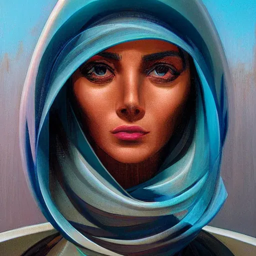 Image similar to detailed face of an arabic woman, travertine and stainless steel courtyard, terrazzo, tectonic sky, skydome, reactor, utopian, tech noir, wet reflections, prism, atmospheric, ambient, pj crook, syd mead, livia prima, artgerm, greg rutkowski, nick alm, casey baugh