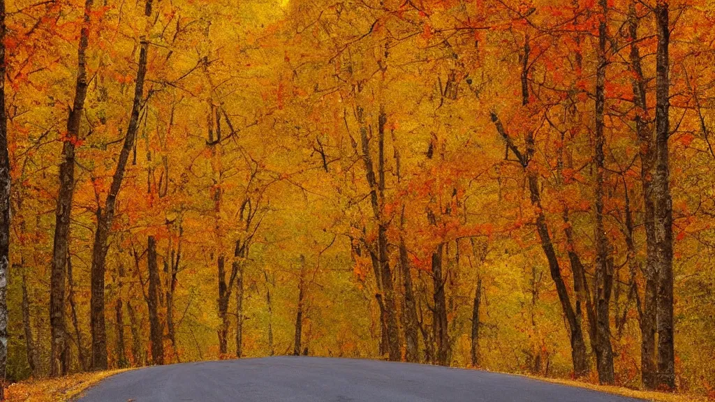 Prompt: oil on canvas of a country road lined on both sides by maple and poplar trees, in the autumn, red orange and yellow leaves, some leaves have fallen and are under the trees and on the!!!! road