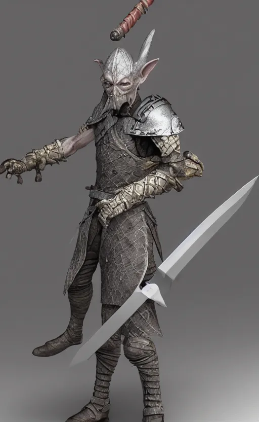 Prompt: Realistic Grey Goblin wearing cape and medieval armor holding a sword, 3D society, trending on artstarion, DND character, by Hirohiko Araki, 8K resolution, miniature, small character, beautiful