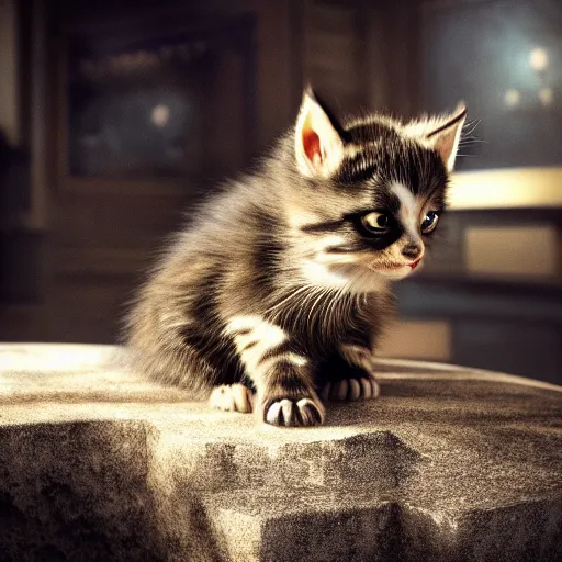 Image similar to full body pose, hyperrealistic photograph of mutant kitten, dim volumetric lighting, 8 k, octane beautifully detailed render, extremely hyper detailed, intricate, epic composition, cinematic lighting, masterpiece, trending on artstation, very very detailed, stunning, hdr, smooth, sharp focus, high resolution, award, winning photo, dslr, 5 0 mm