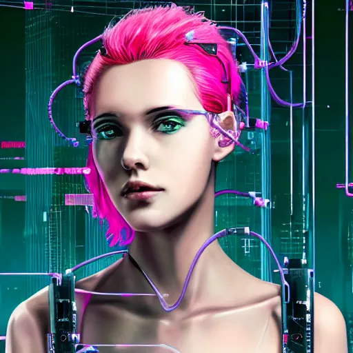 Image similar to a portrait of a woman with pink hair with lots of wires, cyberpunk art by otomo katsuhiro, cgsociety, computer art, circuitry, dystopian art, academic art insanely quality, highly detailed, masterpiece, red light, artstation, 4 k