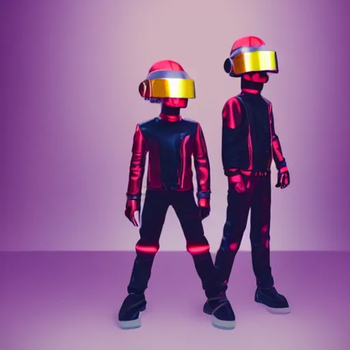 Prompt: miniature daft punk kids standing back to back, twilight zone background, illustration, artgerm, octane render, inspired by Greg rutkowski, colorful, studio lighting, full body,