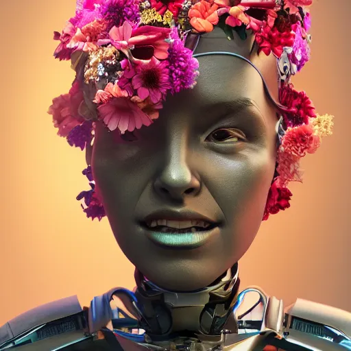 Image similar to futurustic female robot made of the most beautiful flowers , bouquets, fisheye lens, unreal 5, DAZ, hyperrealistic, octane render, dynamic lighting