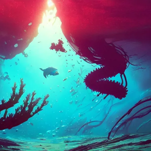 Prompt: underwater view of a strange alien world, some washed out red and green plant life, giant leviathan swimming far in the background, deep blue sea color, artstation, cinematic angle, cinematic and dramatic lighting