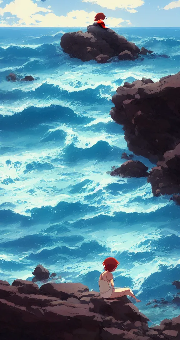 Prompt: Sitting on the rocks Looking out at the waves, lots of ocean, uncluttered, tropical, bright, simple, by Studio Ghibli and Greg Rutkowski, artstation