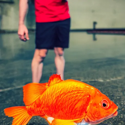 Image similar to gigantic goldfish cracker next to a man that is three times smaller than the cracker, 8 k, 4 k, professional photography, award winning photograph