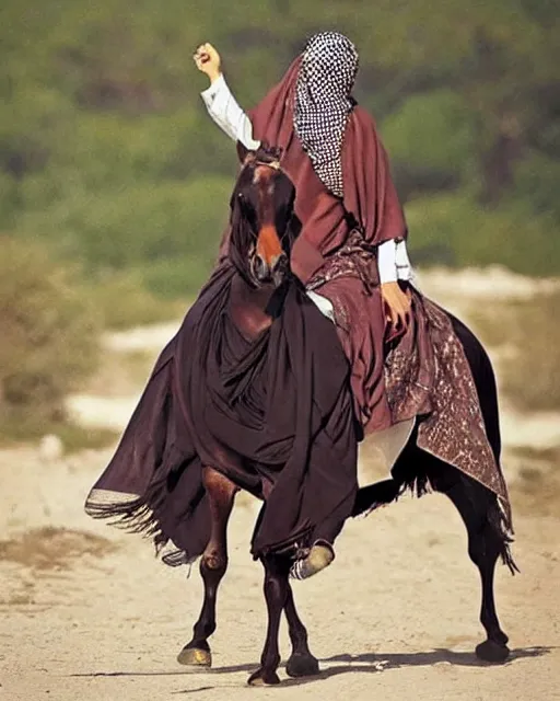 Image similar to burqa's woman, ride horse, taliban, riffle, beautiful, dynamic pose, pinterest