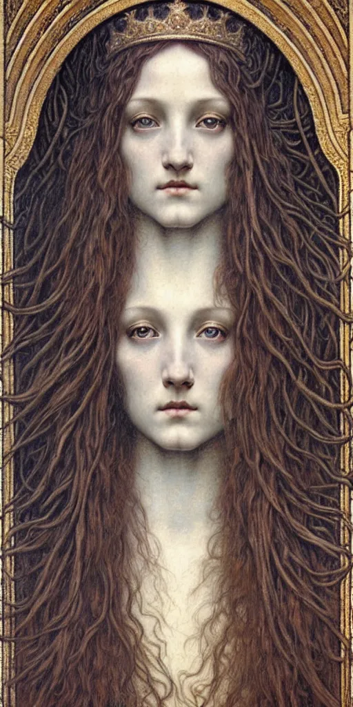 Image similar to detailed realistic beautiful young medieval queen face portrait by jean delville, gustave dore and marco mazzoni, art nouveau, symbolist, visionary, gothic, pre - raphaelite. horizontal symmetry