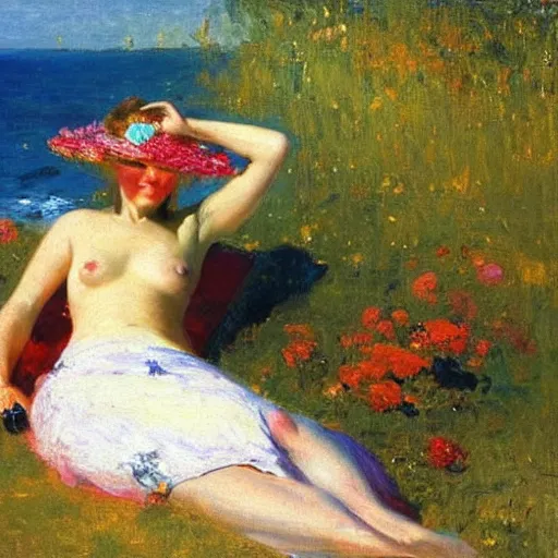 Image similar to beautiful woman with glowing, youthful skin lounging on beach, idyllic scene, birds and flowers around her, by ilya repin, colorful