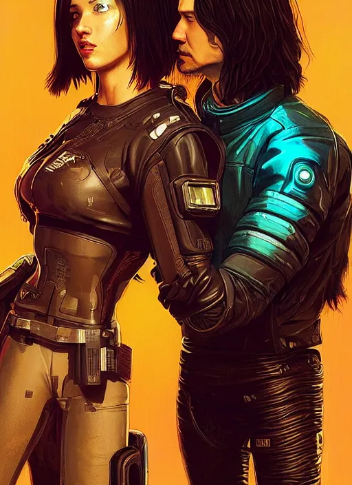 Prompt: a cyberpunk 2077 couple portrait of Keanu Reeves&female android in kiss,love,film lighting,by Laurie Greasley,Lawrence Alma-Tadema,Dan Mumford,artstation,deviantart,FAN ART,full of color,Digital painting,face enhance,highly detailed,8K,octane,golden ratio,cinematic lighting