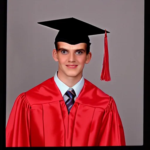 Image similar to high school graduation photo of a human replicant 1 9 9 1