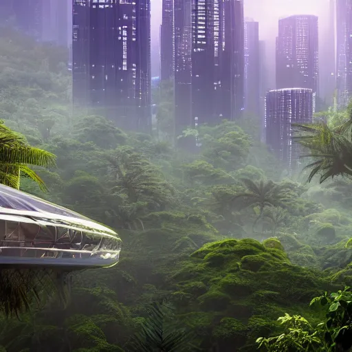 Image similar to extreme wide shot a futuristic containment building in a rainforest valley with a city in the distance, national geographic, hyper realistic, 4 k, warm light, the will to endure, artstation