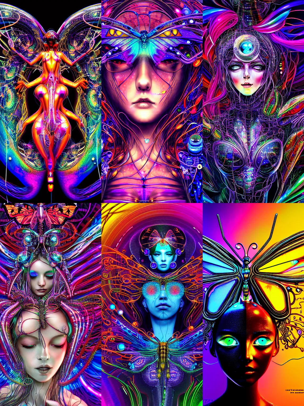 Prompt: ultra detailed butterfly goddess made out of liquid chrome in a multiverse, melting face, surrounded by mechanical wires, cinematic, anime aesthetic by Andrew Thomas Huang Bjork Avatar Artwork, Druillet, colorfull, vivid colors, 8k, uplifting, magical composition artstation