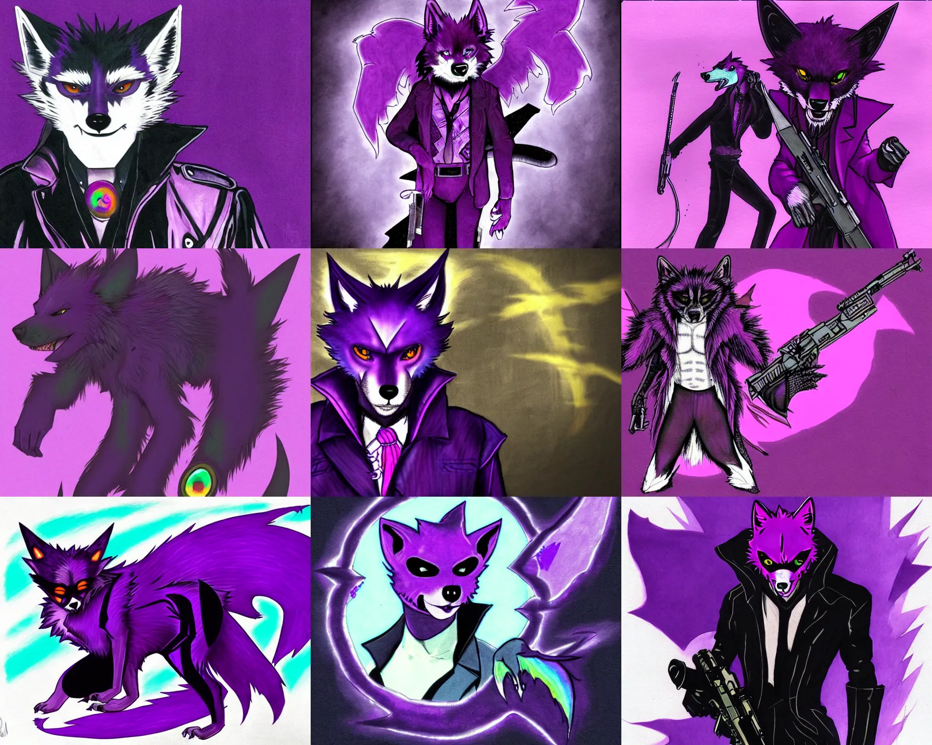 Prompt: a purple wolfbat fursona with an eyepatch and a rainbow tail, drawn in a neo - noir style, reminescent of max payne and ghost in the shell, style of purple rain album cover ( by prince ), dark colors